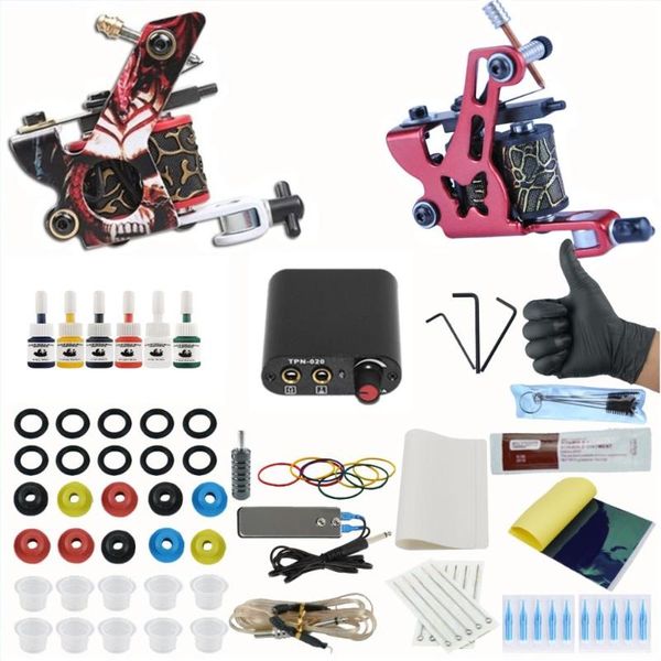 

2 tattoo machines gun ink set power supply grips body art tools kit permanent makeup tattoo set for starter