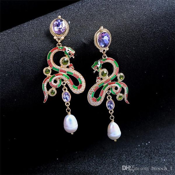 

new creative snake long stud earrings fashion jewelry enamel animel tassel pearl earrings girl lady women party wedding stud earrings, Golden;silver
