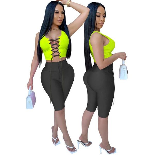 

women summer nightclub set female skinny party 2 piece outfits crop lace up tanks+shorts suit women two piece sets, White