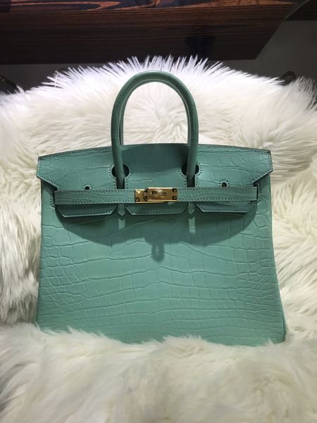 

whosale matt mint green crocodile leather design purse 30cm,fully handmade with wax thread,gold and silver hardware,by order, fast delivery