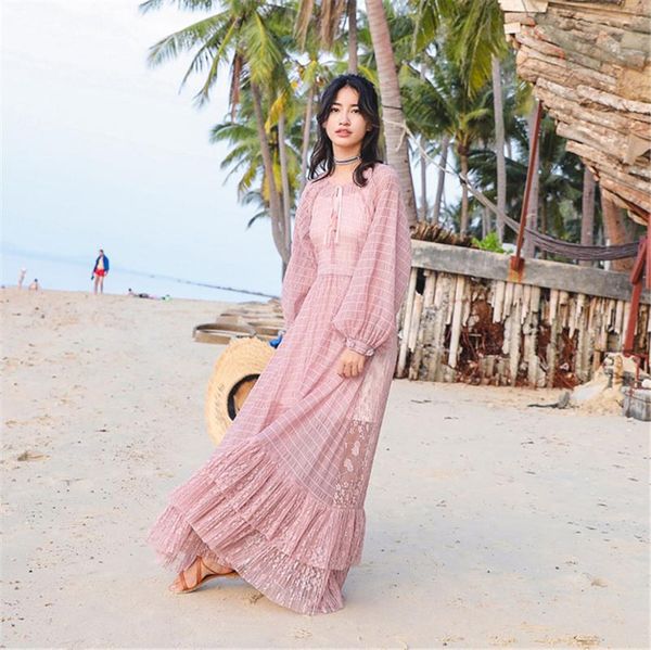 

spring autumn o-neck floral chiffon long-sleeve women dress elastic waist mesh female pink dresses vestidos femme lantern sleeve, Black;gray