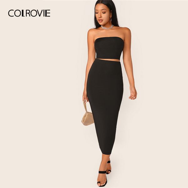 

colrovie solid tube crop bandeau and pencil skirt set women slim fit two piece set 2020 summer skinny 2 piece outfits, White