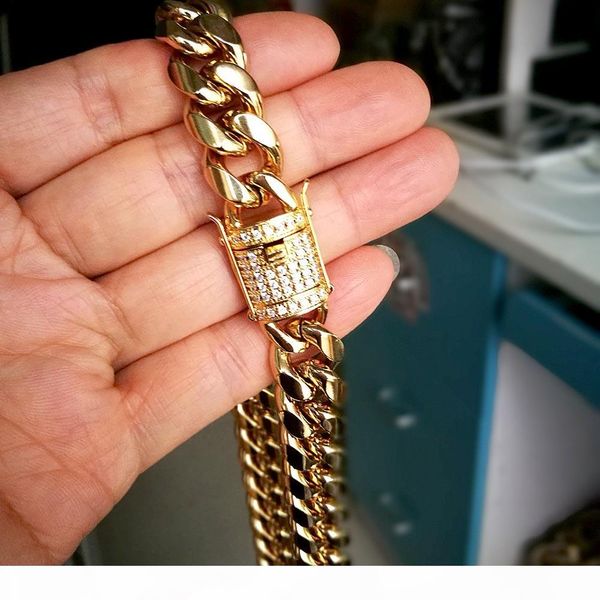 

316l stainless steel 18k gold plated cast clasp & diamond cuban chain necklace men hip hop curb chains jewelry 14mm 20" 22" 24&quo, Silver