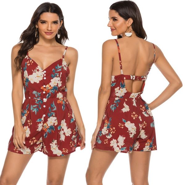 

jhd-women rompers floral print jumpsuit summer short jumpsuit female sling, Black;white