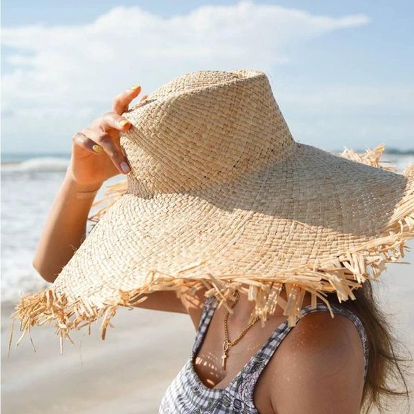 

womens summer hat handmade women straw sun hat large wide brim girl raffia panama beach cap for holiday vacation women's, Blue;gray