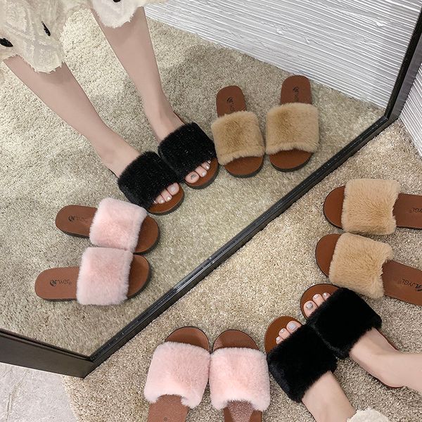 

fall women furry slippers ladies shoes cute plush hair fluffy sandals women's fur slippers winter warm women hot, Black