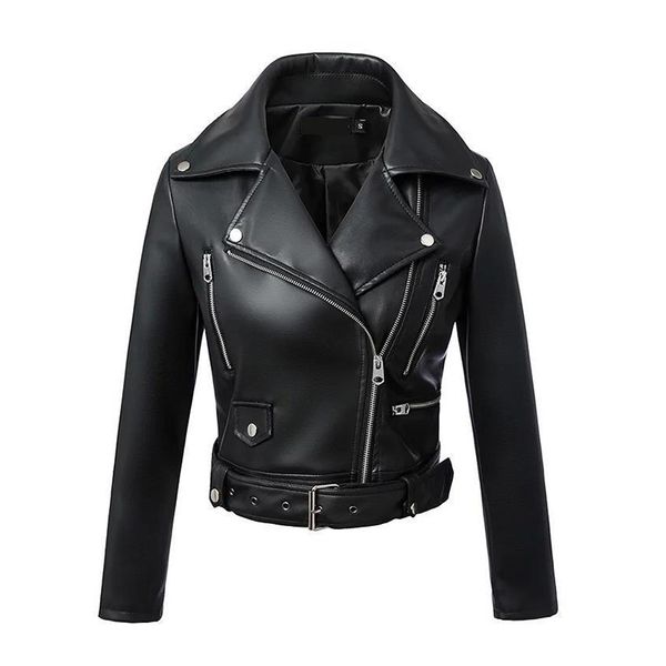 

new autumn women pu leather jacket woman zipper belt short coat female black punk bomber faux leather outerwear