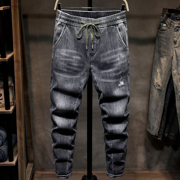 

spring summer thin slim fit long jeans men slim fit pencil pants with drawstring fashion male street denim trousers plus size, Blue