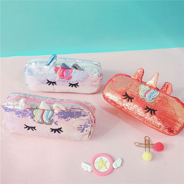 

selling new unicorn unicorn sequined pencil case spot student pencil case customizable logo