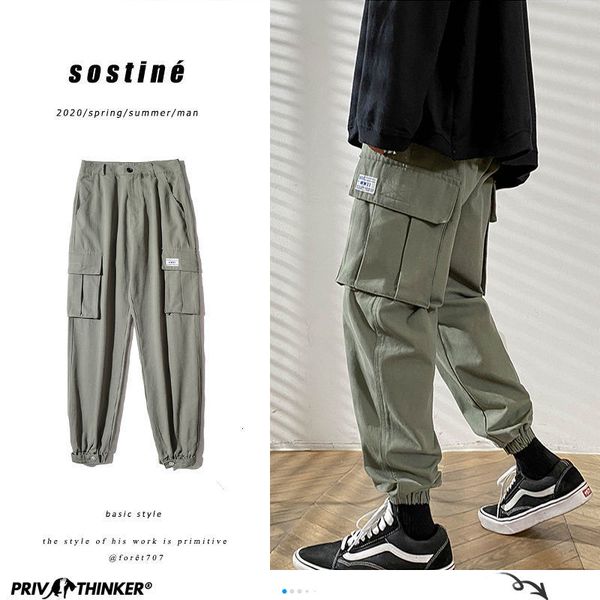 

solid color men cargo pants hip hop streetwear man joggers pants elastic waist male casual trousers xxl, Black