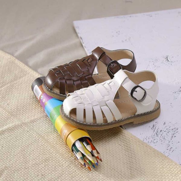 

sandals for summer fashion children girl roman style flat sandals boy outdoor leather woven beach shoes covered-toes sgf059, Black;red