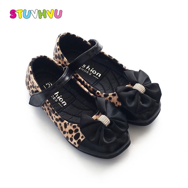 

fashion leopard girls shoes 2020 new spring and autumn bowknot children princess shoes pu leather kids casual flats, Black