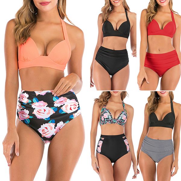 

s 3xl plus size swimwear women high waist bikini set floral print swimsuit female push up bikinis vintage bathing bathers, White;black