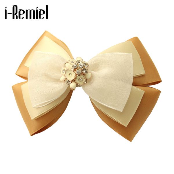 

i-remiel korean crystal fabric hairpin large simple bow hair accessories rhinestone spring clip clips jewelry for woman, Golden;silver