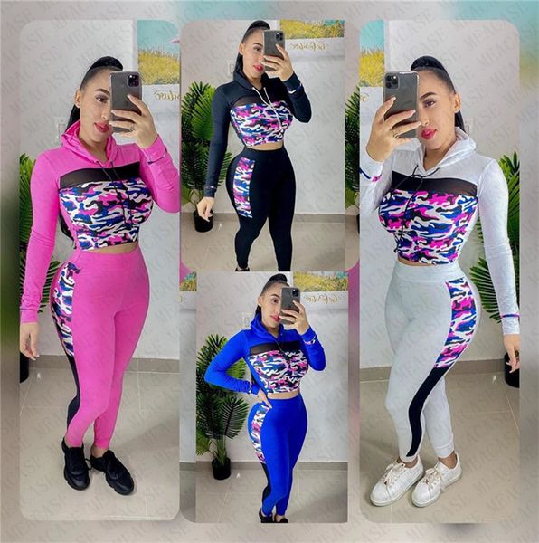 

женская одежда 2pcs набор tracksuit камуфляж дизайнер outfit mesh лоскутная толстовки с капюшоном топ брюки леггинсы осень спорт sweatsuit d, White