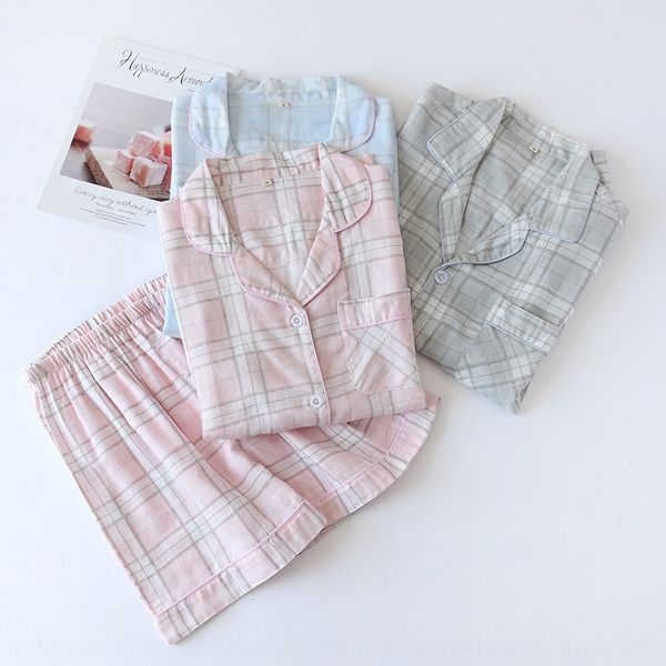 

u8ybn gauze couple's pajamas set plaid cotton simple loose short-sleeved shorts and nv fu zhuang nv fu zhuang shorts women's cloth, Blue;red