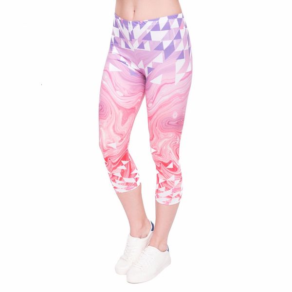 

fashion summer women capri leggings triangles pink marble printing mid calf 3 4 trousers movement leggins capri mid calf pants, Black