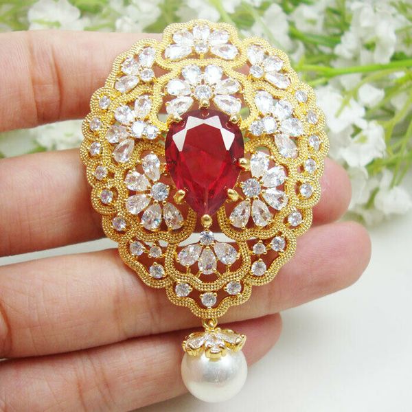 

elegant red flower cluster pearl pendant brooch pin zircon crystal, Gray