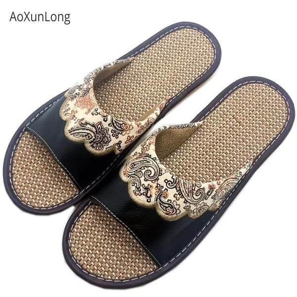 

men summer leather slippers fashion embroidered lace indoor leisure slides men linen non-slip home slippers eu 40-45 house floor, Black