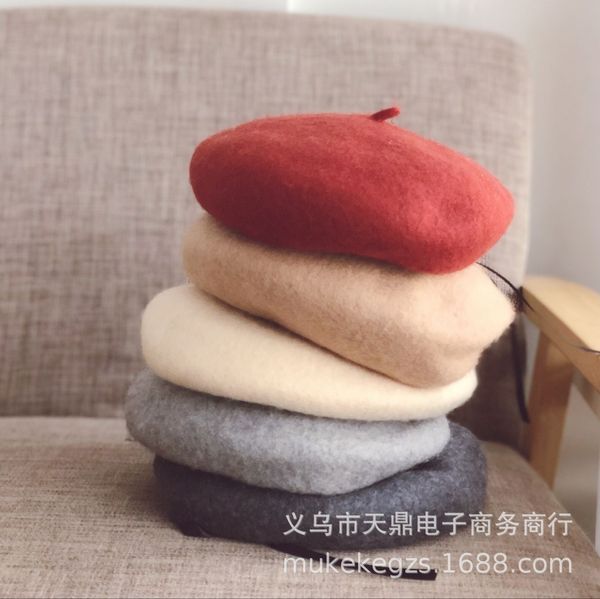

6sl59 korean solid color solid wool children's pullover painter's beret beret concave shape pumpkin painter's hat pullover ca, Blue;gray