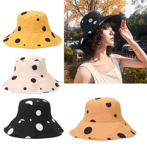 

women summer wide brim floppy bucket hat vintage polka dot cotton fisherman cap x7ya, Blue;gray