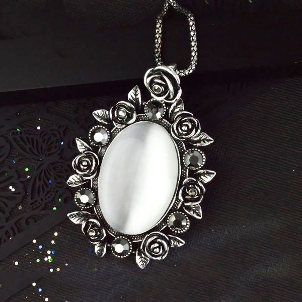 

ajojewel vintage style white opal long necklace with big pendant black rhinestone rose flower necklaces for women antique jewels, Silver