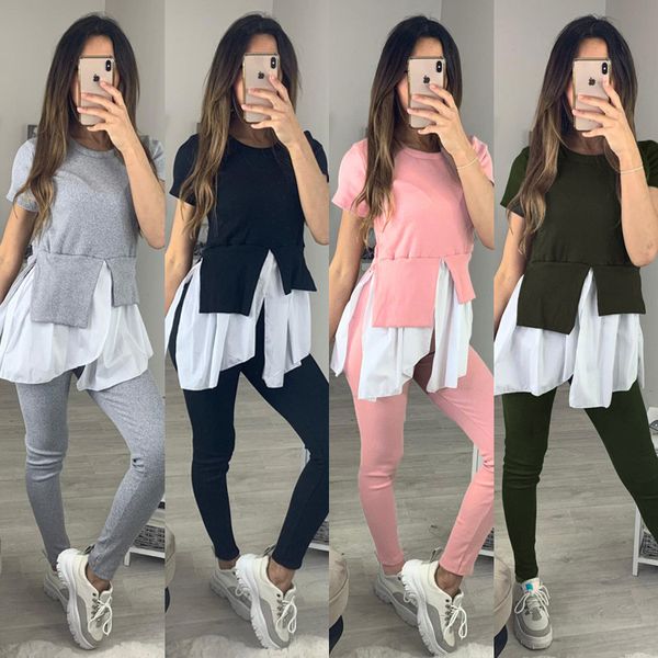 

women 2 piece set o-neck irregular ruffles patchwork short sleeve long pants set casual summer short sleeve tracksuit, White