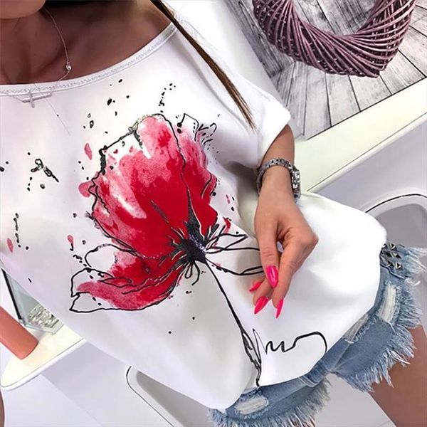 

womens t shirts large sizes women casual floral print short sleeve loose shirt tee oversize t shirt women streetwear, White