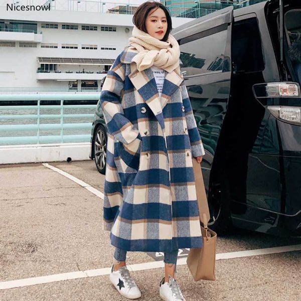 

women's wool & blends philosophy winter women plaid thick warm woolen coat lady turn down collar pocket female double breasted outwear, Black