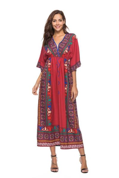 

summer women boho printed kaftan beach sun dress abaya ethnic hippie caftan robe gown ethnic style dress v-neck half sleeve new, Red