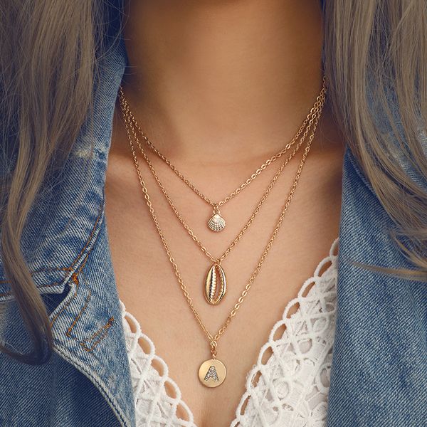 

three layers of shell pendant necklace a word gold color necklace women friend cowry seashell bohemian jewelry bijoux, Silver