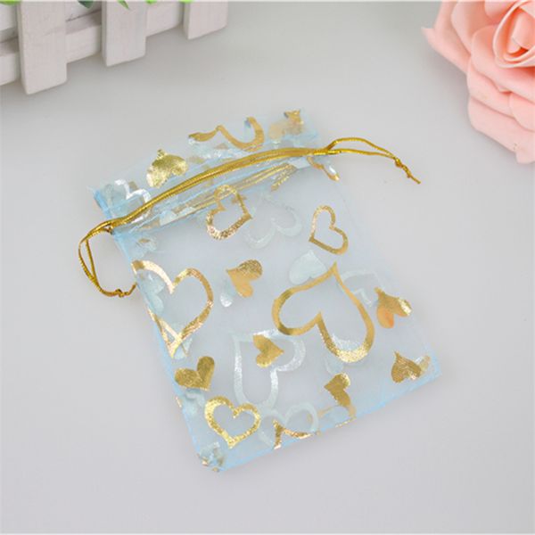 Großhandel Hellblau Bronzing Organza Beutel 200 teile/los 9x12 cm Mit Gold Herz Schmuck Geschenk Beutel Tee Tull Großhandel