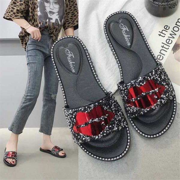 

2020 new women slippers summer red lips rhinestone fashion female shoes wear non-slip casual trend ladies sandals outdoor home, Black