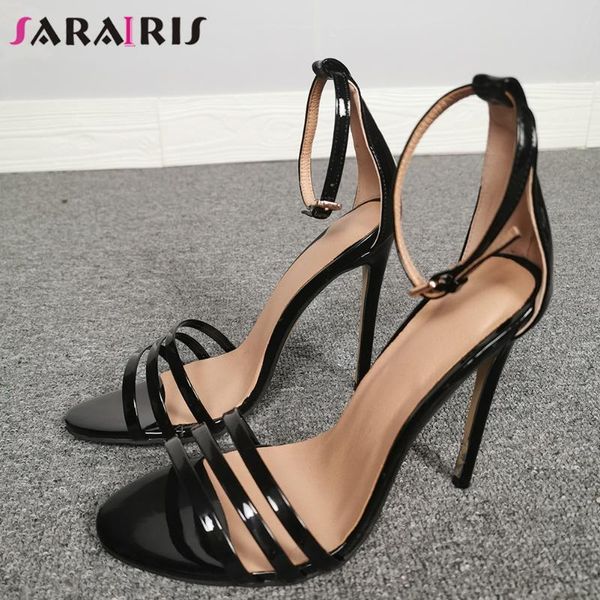 

sarairis girl party dress cover heel sandals solid open toe sandals women ankle strap thin heel fashion shoes woman, Black