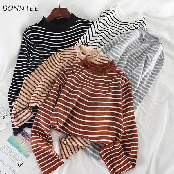 

sweaters women knitting striped student elegant loose all-match turtleneck daily soft korean style vintage womens clothing new, White;black