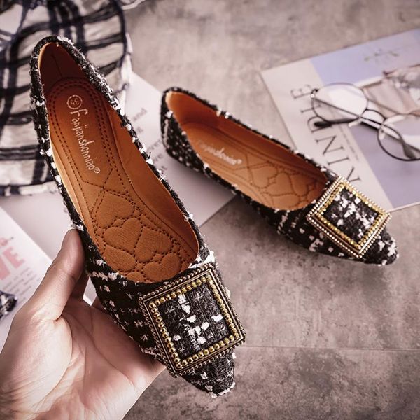 

plus size 33-42 luxury designer dhoes women pointed toe spring flats shoes women metal decoration slip on loafers plaid, Black
