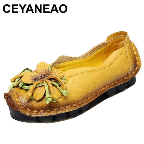 

ceyaneao large size 35-41new flowers handmade genuine leather shoes women retro soft bottom flat shoes summer canvasballet flats, Black