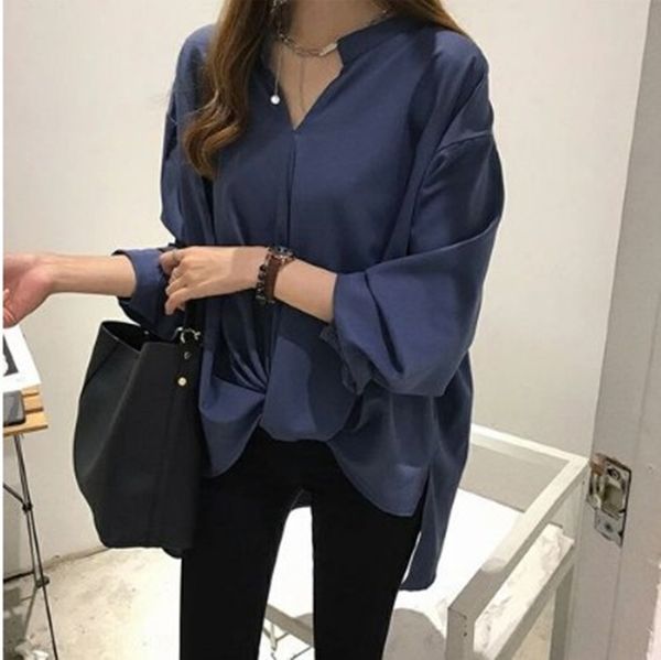 

autumn women's 2020 new simple temperament chiffon women's long sleeve loose bf shirt base shirt trendy, Black