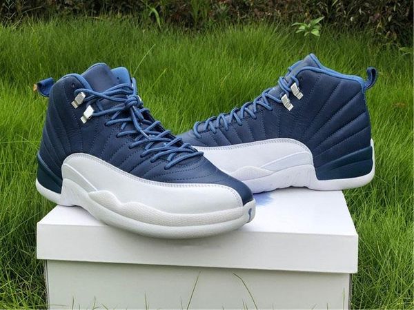 

new air authentic 12 indigo stone blue basketball shoes retro men legend blue obsidian 12s real carbon fiber sports sneakers with box