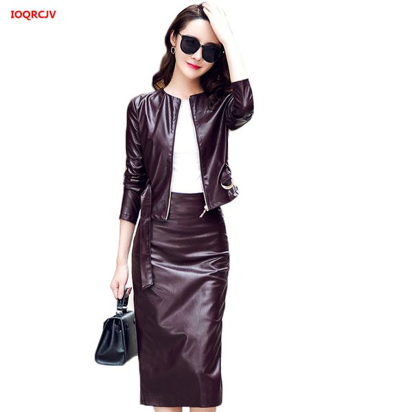 

autumn women faux leather jacket sets black slim 2-piece set elegant fashion o-neck ladies package hip leather skirts suit w194, White