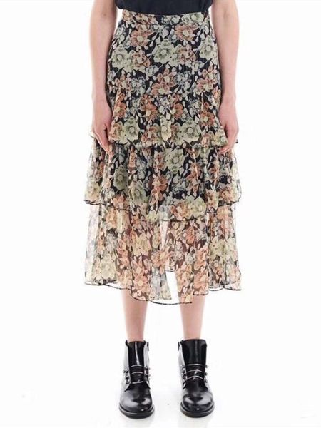 

100% silk women's floral midi skirt ruffles layered gold line shiny lady long skirts for summer, Black