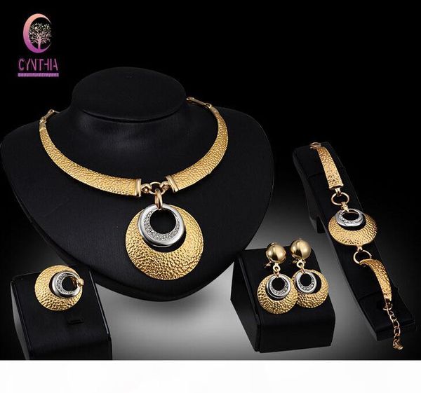 

crystal wedding dress accessories costume women party 18k gold plated african beads necklace bangle earrings ring jewelry sets, Black
