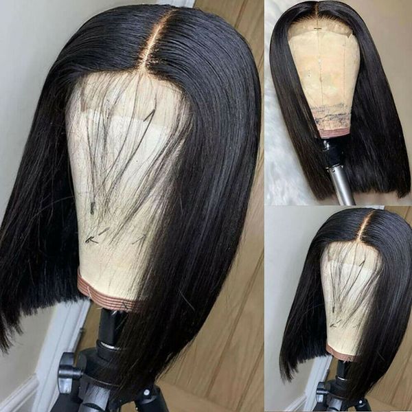 Hitzebeständige kurze Bob-Perücke mit Spitze vorne, Synthetik, für schwarze Frauen, handgebunden, vorgezupft, natürlicher Haaransatz, 35,6 cm