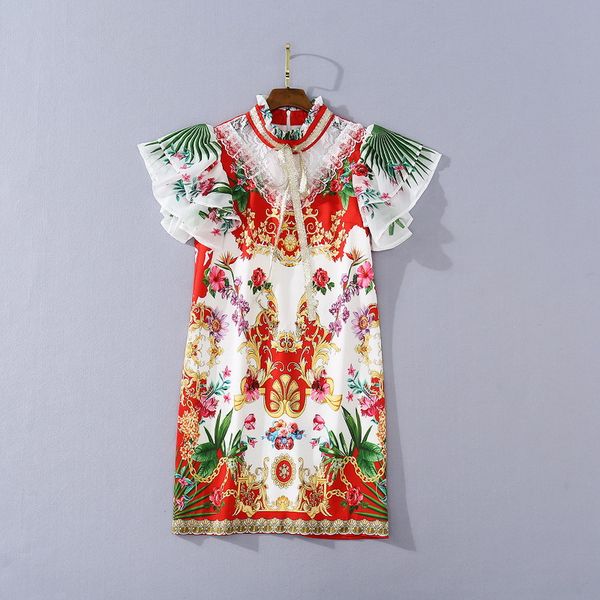 

european and american women's clothing 2020 autumn new style bow lace collar with lotus sleeves retro floral print dresses, Black;gray