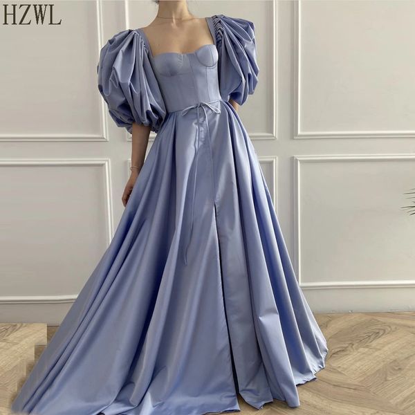 Exquisite Designer tafetá Azul bebê Vestidos Skysail Puffsleeves A-Line Baixa Corset Prom Vestido com Belt Abrir saia