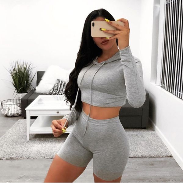

casual hooded sports two piece set women long sleeve crop high waist shorts fitness cycling tracksuit streetwear autumn, White;red