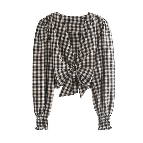 

women casual shirt crop korean style fashion v-neck plaid paisley bow tie short pullovers female blouse vintage autumn 2020, White