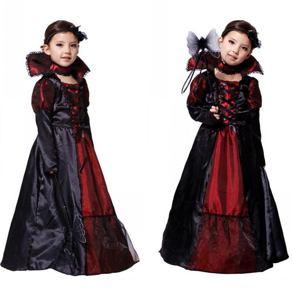 

cibo children girls kids vampire halloween queen party lace dress cosplay costumes performance carnival masquerade clothes, Black;red
