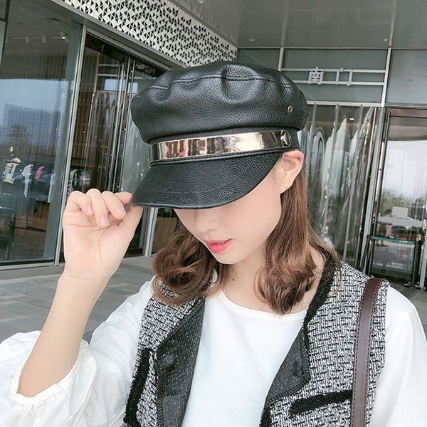 

net red pu leather children's korean beret octagonal octagonal hat style all-match british beret leisure student fashion leather hat, Blue;gray