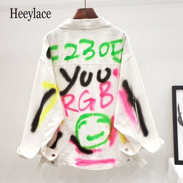

women's jackets 2021 fashion graffiti appliques hip hop jeans jacket women spring autumn washing material denim casual streetwear, Black;brown